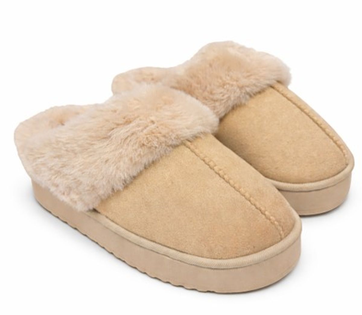 Tøffel med fuskepels og tykk såle, beige, str 38-39