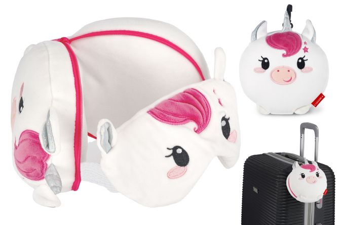 Hovedbilde Bamse,  pute og øyemaske i ett My Travel Buddy Enhjørning